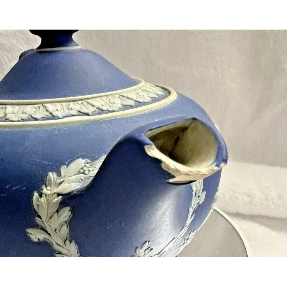Antique Large Wedgwood Blue Jasperwar Teapot Damage See Pics